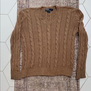 Ralph Lauren Men's Brown V-Neck Cable Knit Sweater